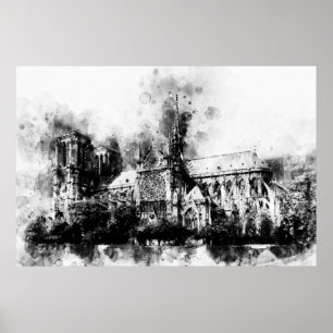 Zwart-wit schilderij van de Notre Dame Kathedraal Poster