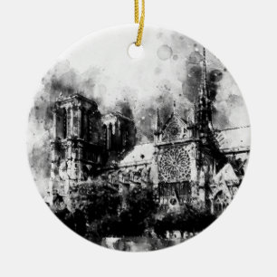 Zwart-wit schilderij van de Notre Dame Keramisch Ornament