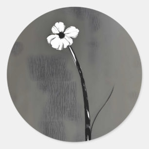 Zwart-wit schilderij van een minimalistische bloem ronde sticker