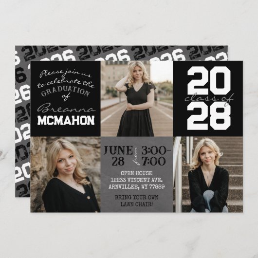 Zwart & Wit Schoolbord 3 Foto Afstuderen Kaart (Voorkant / Achterkant)