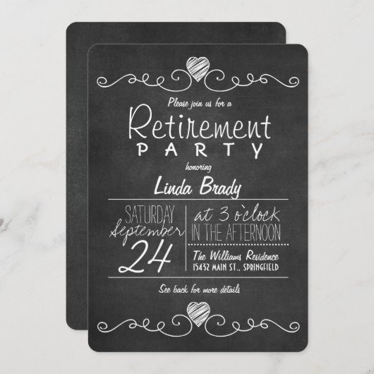 Zwart-wit schoolbord pensioenfeest kaart (Voorkant / Achterkant)