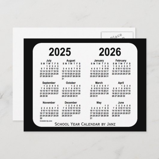 Zwart-wit schoolkalender 2025-2026 van Janz Briefkaart (Voorkant / Achterkant)