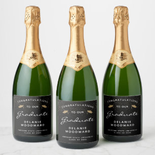 Zwart Wit Schrift Gouden Dop Afstuderen Sparkling Wijnetiket