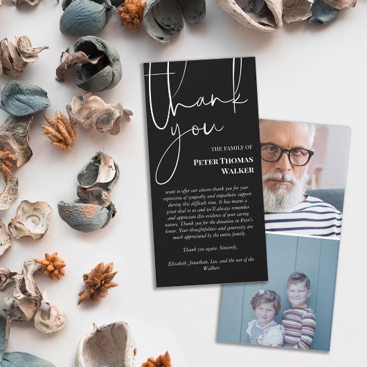 Zwart wit script & 2 foto's begrafenis dank u bedankkaart