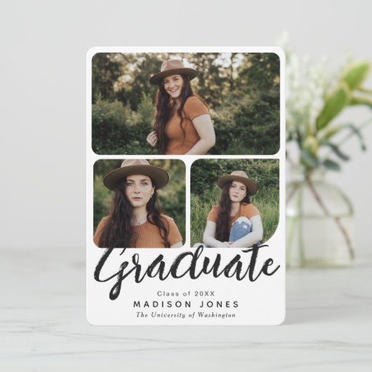 Zwart & Wit Script 4 Foto's Afstudeerfeest Kaart (Staand voorkant)