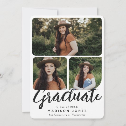 Zwart & Wit Script 4 Foto's Afstudeerfeest Kaart (Voorkant)