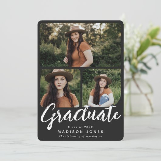 Zwart & Wit Script 4 foto's Afstudeerfeest Kaart (Staand voorkant)