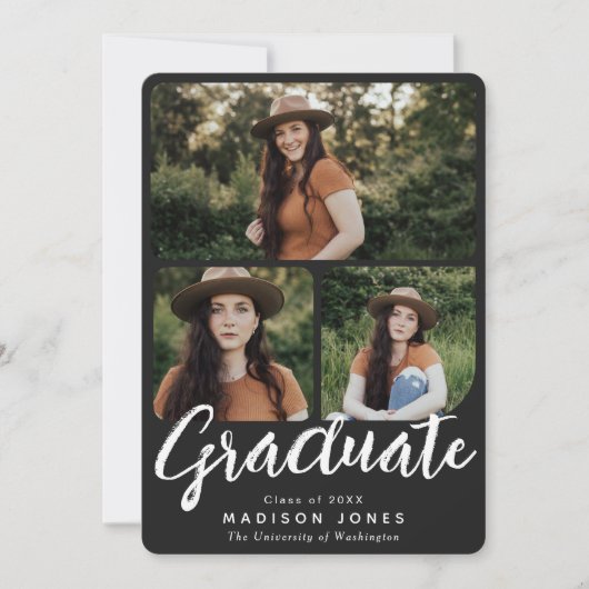 Zwart & Wit Script 4 foto's Afstudeerfeest Kaart (Voorkant)