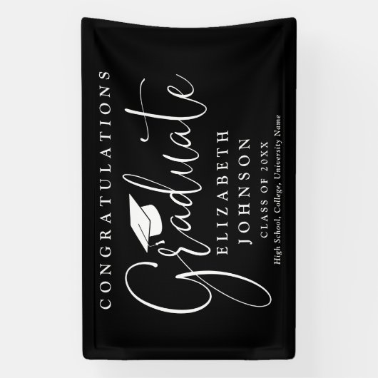 Zwart-wit script afstudeerfeest spandoek (Verticaal)