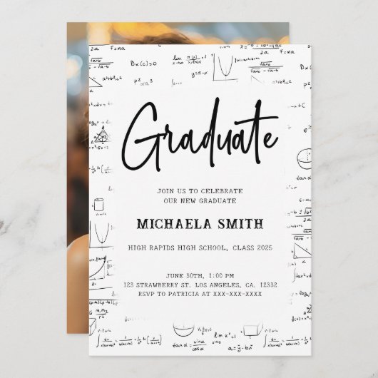 Zwart Wit Script Afstuderen Wiskunde Foto Afstuder Kaart (Voorkant / Achterkant)