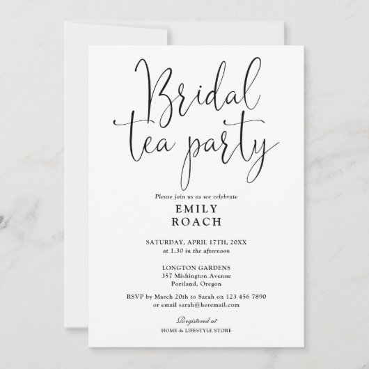 Zwart-wit script bruids thee party douche kaart (Voorkant)