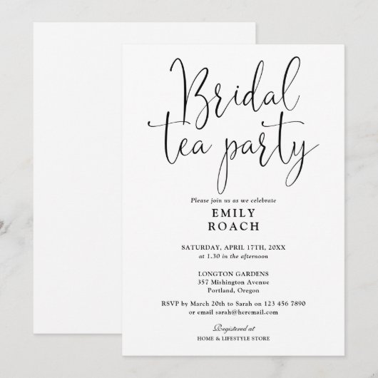 Zwart-wit script bruids thee party douche kaart (Voorkant / Achterkant)