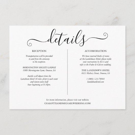Zwart-wit script bruiloft details info informatiekaartje (Voorkant)