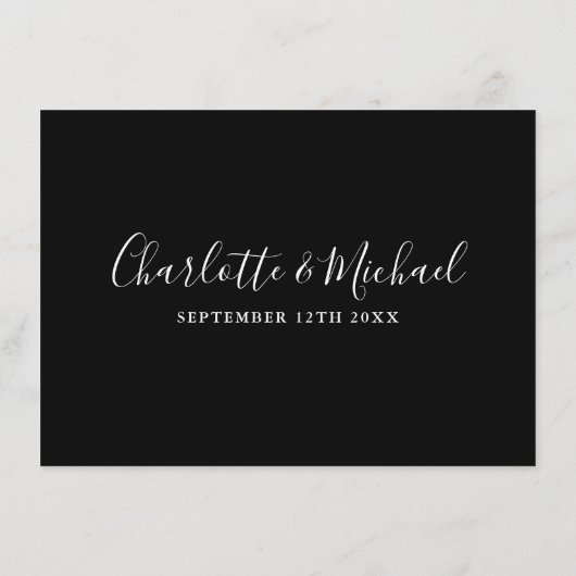 Zwart-wit script bruiloft details info informatiekaartje (Achterkant)