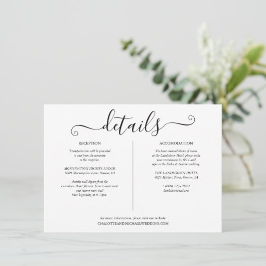 Zwart-wit script bruiloft details info informatiekaartje (Staand voorkant)