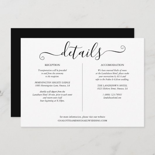 Zwart-wit script bruiloft details info informatiekaartje (Voorkant / Achterkant)