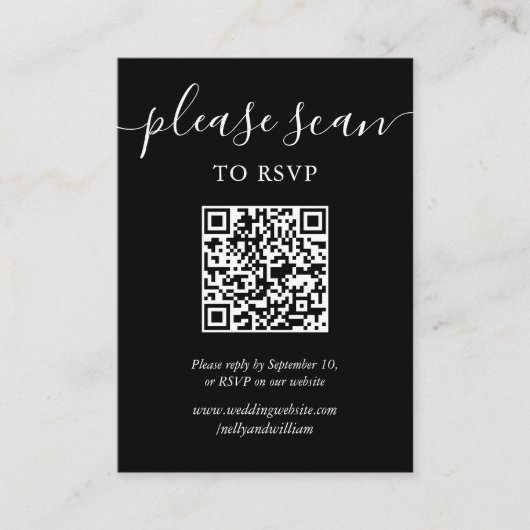 Zwart-wit Script Bruiloft RSVP QR Code Informatiekaartje (Voorkant)