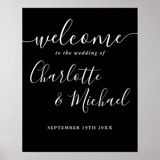 Zwart-wit script bruiloft welkom teken poster (Voorkant)