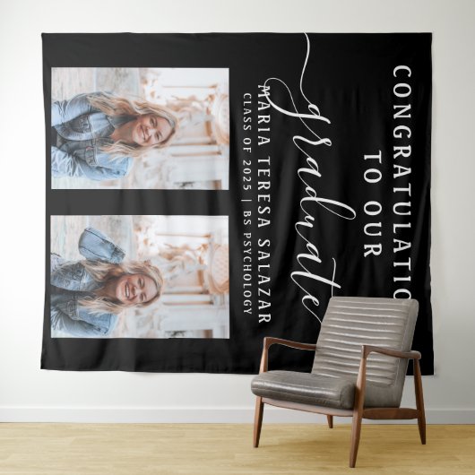Zwart Wit Script Calligrafie 2 Foto Afstuderen Wandkleed (In Situ (horizontaal))