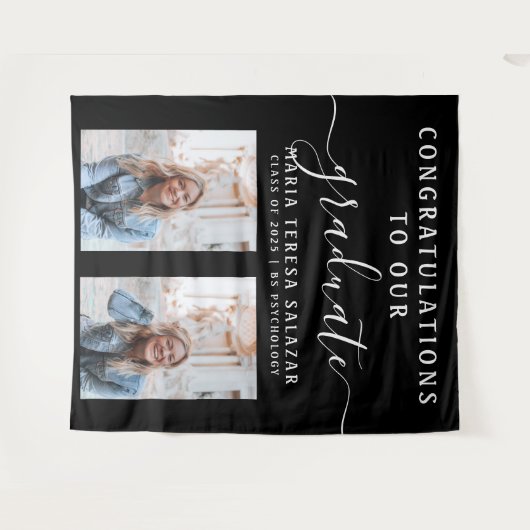 Zwart Wit Script Calligrafie 2 Foto Afstuderen Wandkleed (Voorkant (horizontaal))