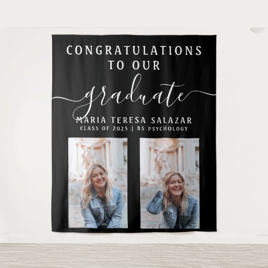 Zwart Wit Script Calligrafie 2 Foto Afstuderen Wandkleed (Voorkant)