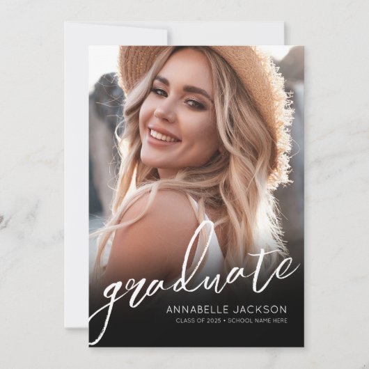 Zwart Wit Script Eenvoudig Foto Afstuderen Kaart (Voorkant)