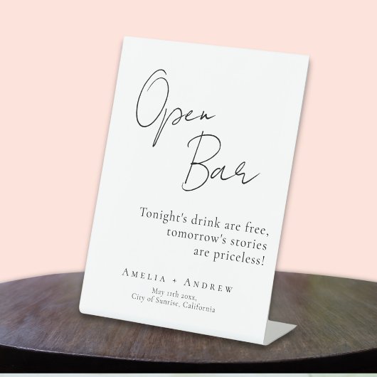 Zwart Wit Script Elegant Bruiloft Open Bar Reclamebord Met Voetstuk