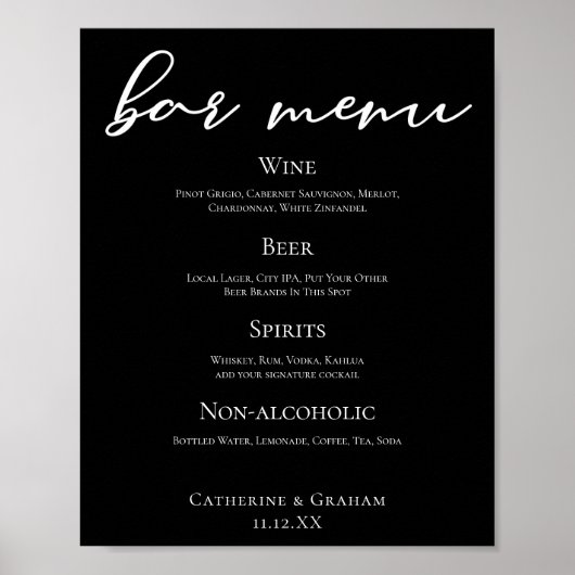 Zwart wit script Elegant Formal Wedding Bar Menu Poster (Voorkant)