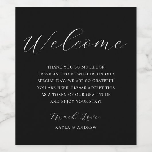 Zwart-wit Script Elegant Modern Trouwen Wijn Etiket (Enkel label)