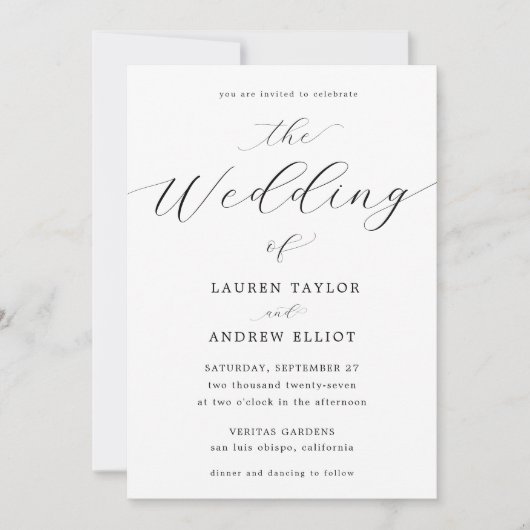 Zwart-wit Script Elegante moderne bruiloft Kaart (Voorkant)