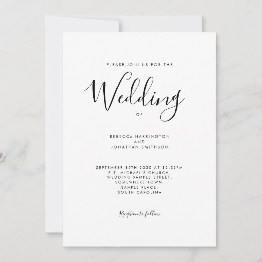 Zwart Wit Script Font Wedding Kaart (Voorkant)