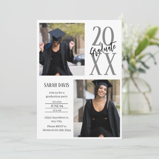 Zwart-wit script foto afstuderen Invitation Feestdagenkaart (Staand voorkant)