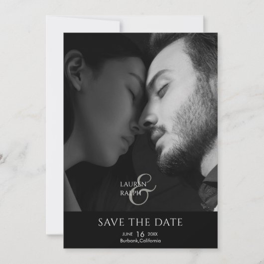 Zwart & Wit Script Foto Bruiloft Save The Date Feestdagenkaart (Voorkant)