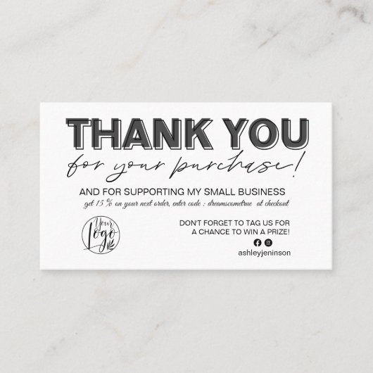 Zwart wit script foto logo orde dank u visitekaartje (Voorkant)