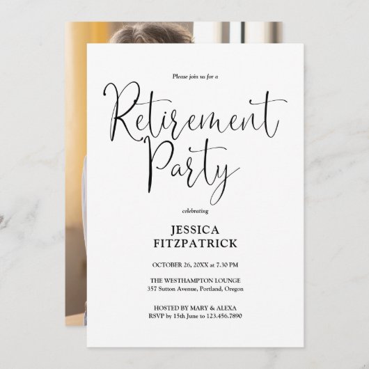 Zwart-wit script foto pensioen partij kaart (Voorkant / Achterkant)