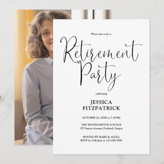 Zwart-wit script foto pensioenfeest kaart (Voorkant / Achterkant)