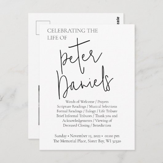 Zwart & Wit Script Foto Rouwkaart Briefkaart (Voorkant / Achterkant)