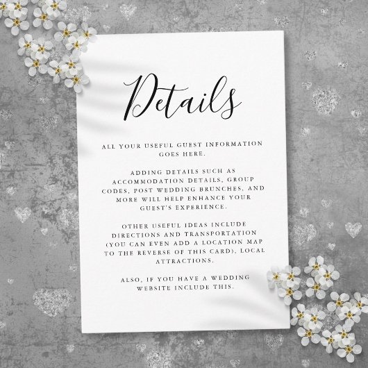 Zwart-wit script gast informatie details informatiekaartje