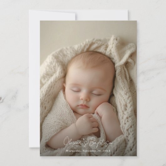 Zwart-wit script genderneutraal fotodoopsel kaart (Achterkant)