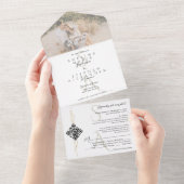 Zwart & Wit Script Hedendaagse Monogram bruiloft All In One Uitnodiging (Afscheurbaar)