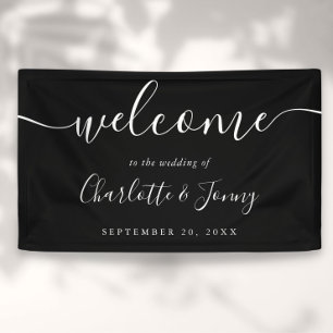 Zwart-wit script huwelijks-welkomstbord spandoek