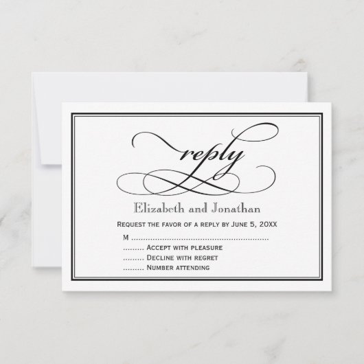 Zwart-wit script huwelijksreactiekaart RSVP kaartje (Voorkant)