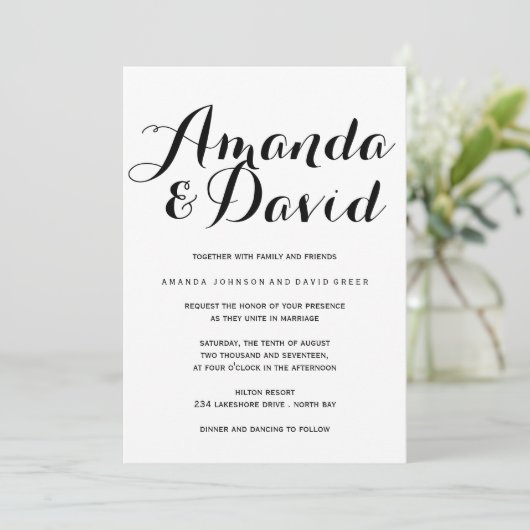 Zwart-wit script huwelijksuitnodigingen kaart (Staand voorkant)
