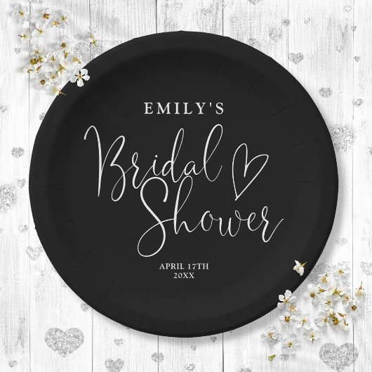 Zwart-wit script kalligrafie bruidsdouche papieren bordje