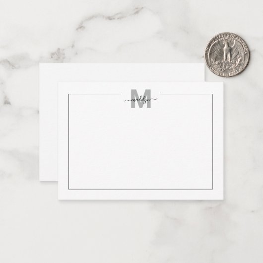 Zwart Wit Script Kalligrafie Naam Monogram Notitiekaartje (Voorkant / Achterkant in situ)