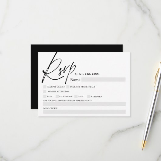 Zwart wit script kalligrafie voedsel RSVP bruiloft (Voorkant / Achterkant in situ)