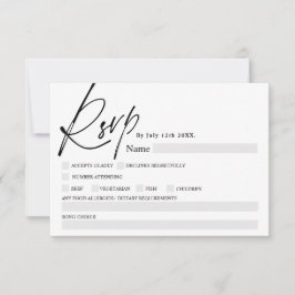 Zwart wit script kalligrafie voedsel RSVP bruiloft Kaartje