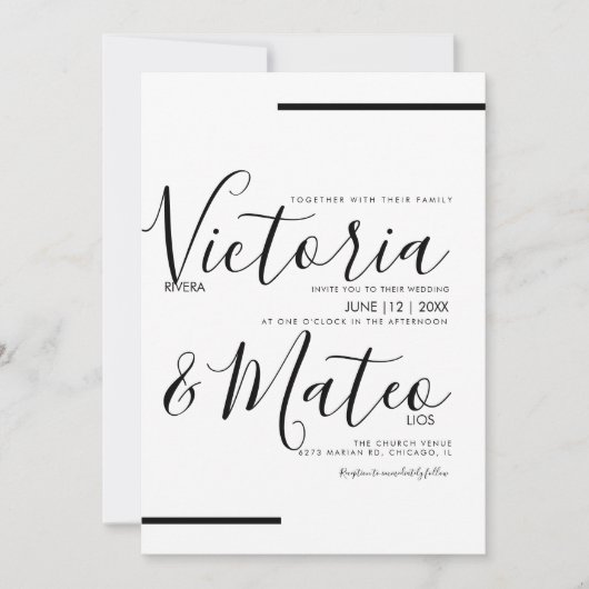 Zwart Wit Script Lettertype Lijn Trouwen Kaart (Voorkant)