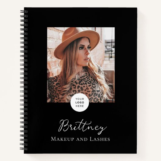 Zwart Wit Script Logo Foto Make-up Aanpasbaar Notitieboek (Voorkant)
