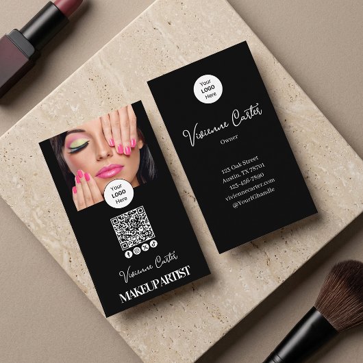 Zwart Wit Script Logo QR Code Foto Make-up Visitekaartje